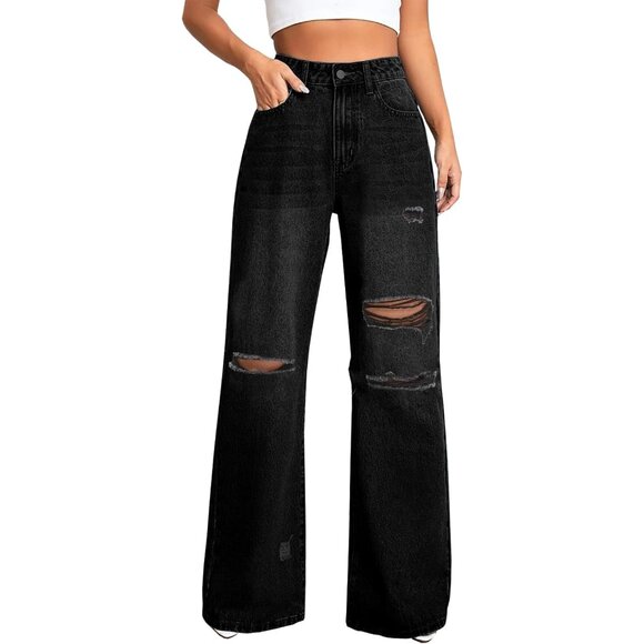 Distressed Wide Leg Jeans Women's High Waisted Ripped Casual Denim Pants - Picture 2 of 6